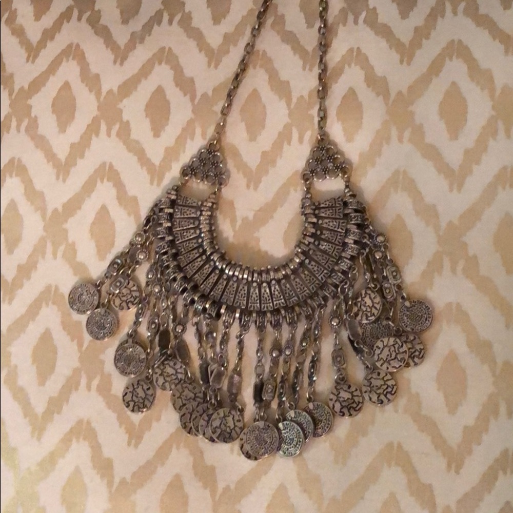 Silver Aztec bib necklace